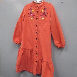 Shein Girls Dress Size 7Y Dark Orange 100% Cotton Button Front Long Sleeve Dress